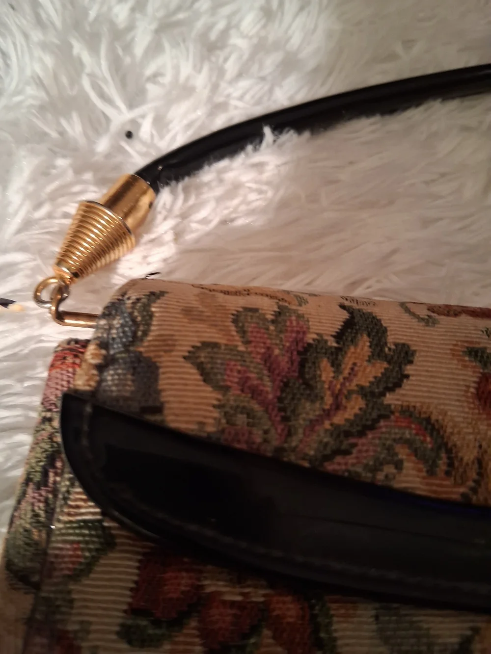 Vintage Floral Tapestry Clutch with Black Patent Handle